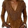 European & American Tassel Suede V-Neck Slimming Jacket for Women - Autumn/Winter Fashion