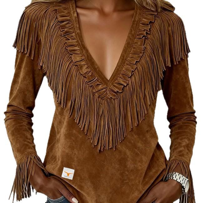 European & American Tassel Suede V-Neck Slimming Jacket for Women - Autumn/Winter Fashion