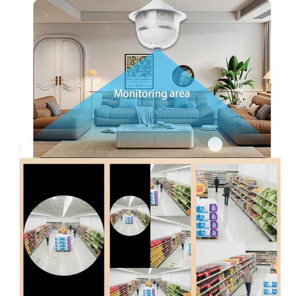 Bezpečnostní kamera v žárovce WiFi, Plnobarevné noční vidění, Obousměrná hlasová komunikace, Bezdrouhlé automatické sledování, 360° panoramatický rybí oko, Vnitřní IP CCTV kamera