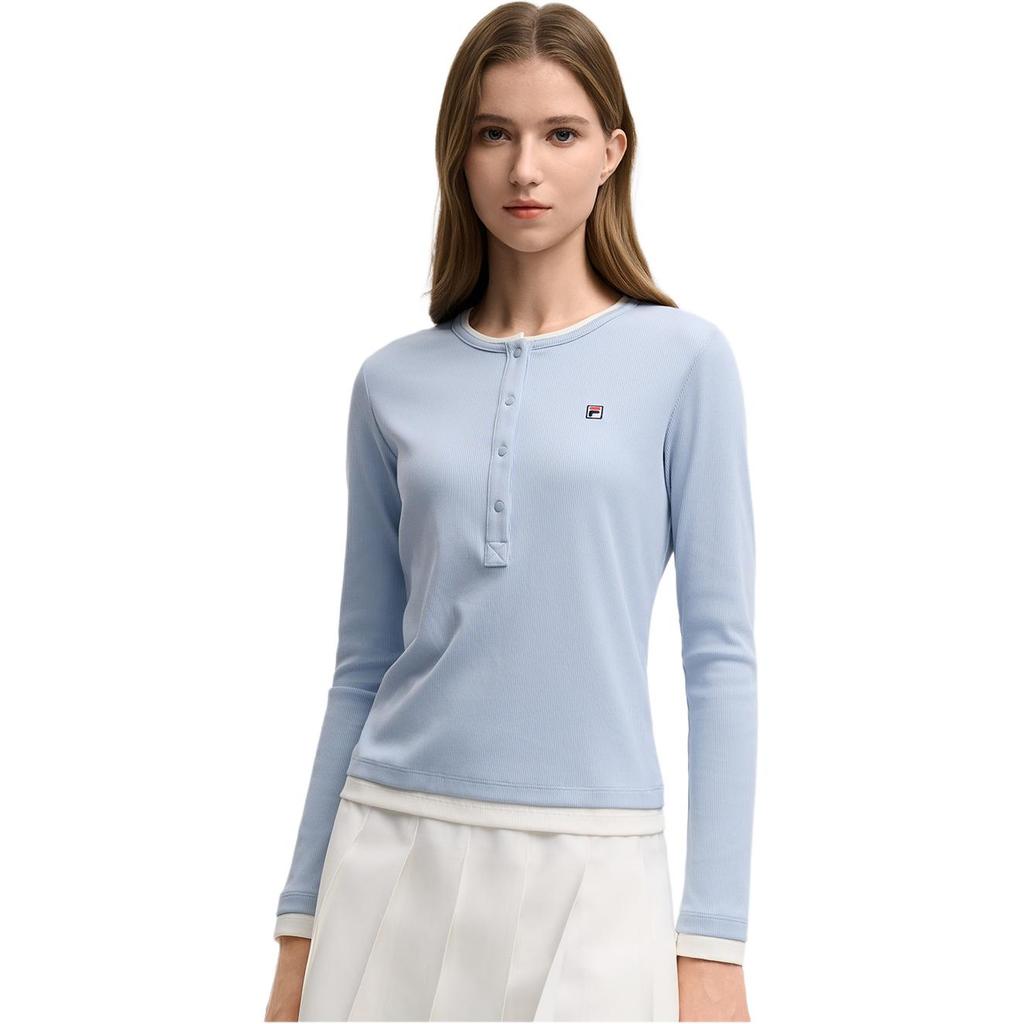 Fila Heritage Fake Two-Piece Round Neck Casual Slim Fit Knitted Long Sleeve T-Shirt Women Tops F11W548214F-LB