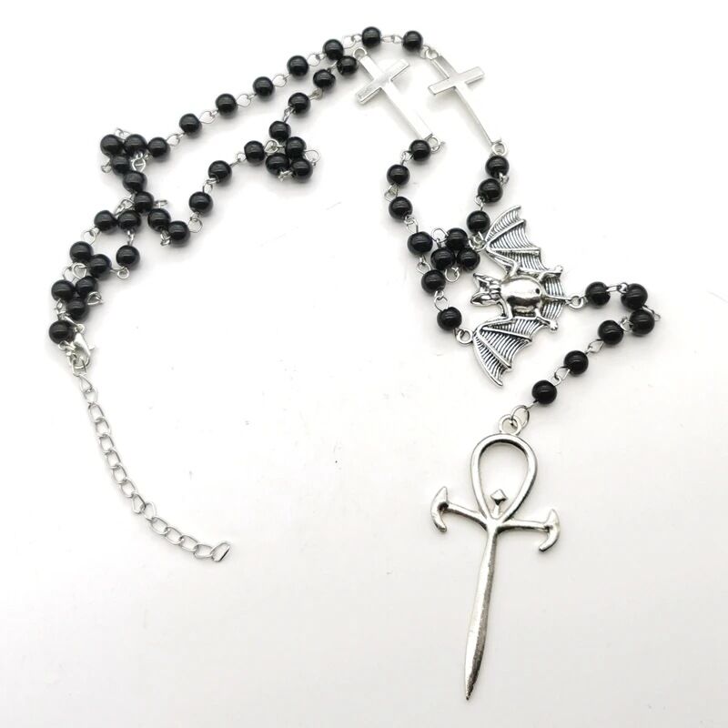 Gothic Bat Cross Rosary Necklace for Women Fashion Mystery Witch Jewelry Accessories Gift Silver Color Bat Charm Vampire Choker