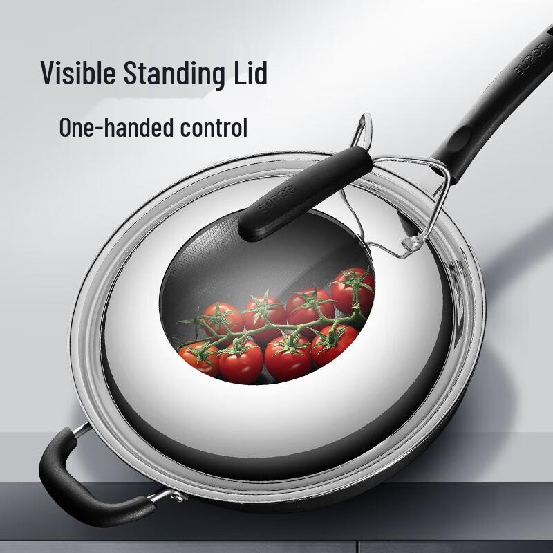 SUPOR 32cm Rust-Free Iron Wok with Standable Lid