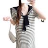 Navy Striped Korean Style Maternity Summer Dress, Casual Loose Fit, Slimming Ice Silk Knit with Hollowed-Out Details