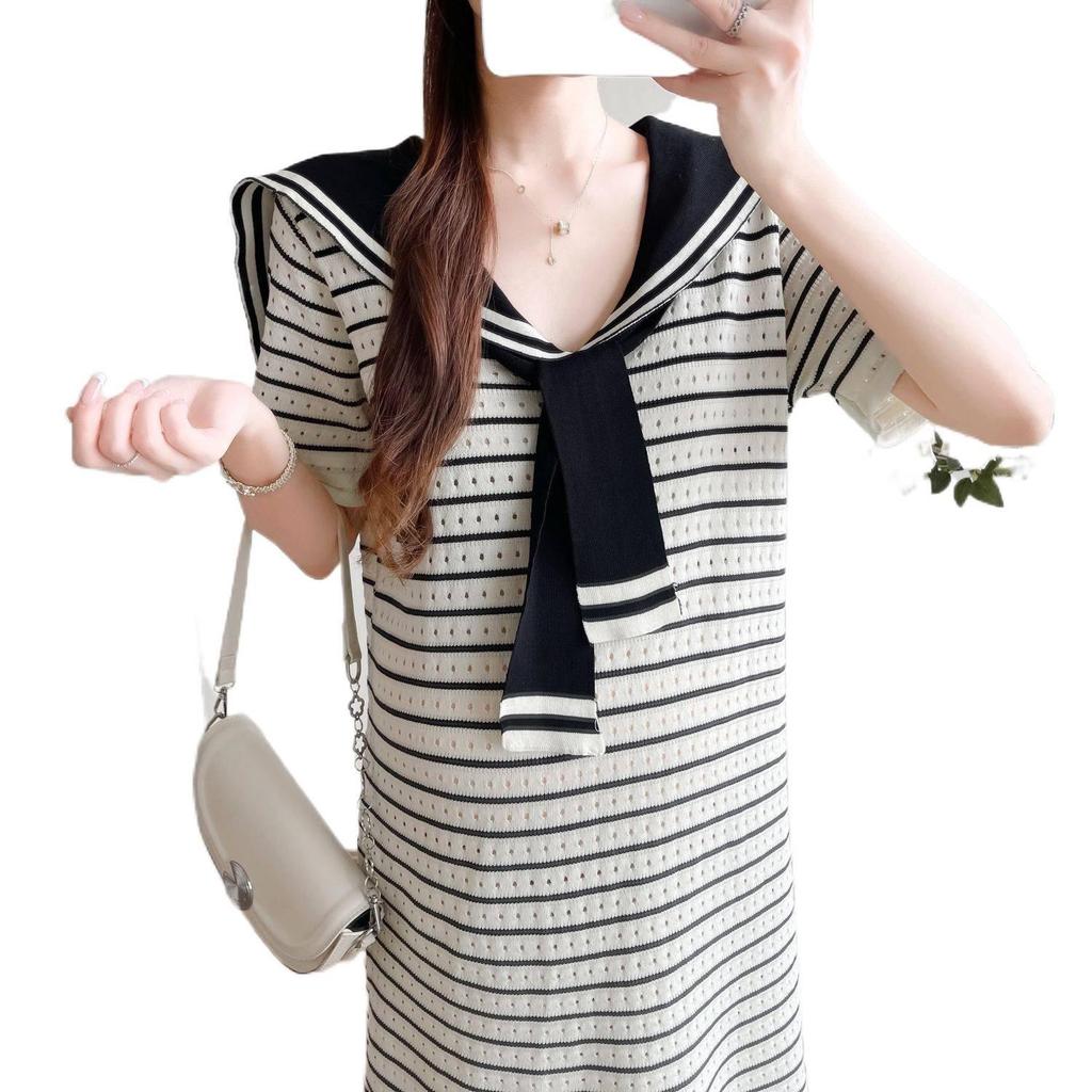 Navy Striped Korean Style Maternity Summer Dress, Casual Loose Fit, Slimming Ice Silk Knit with Hollowed-Out Details
