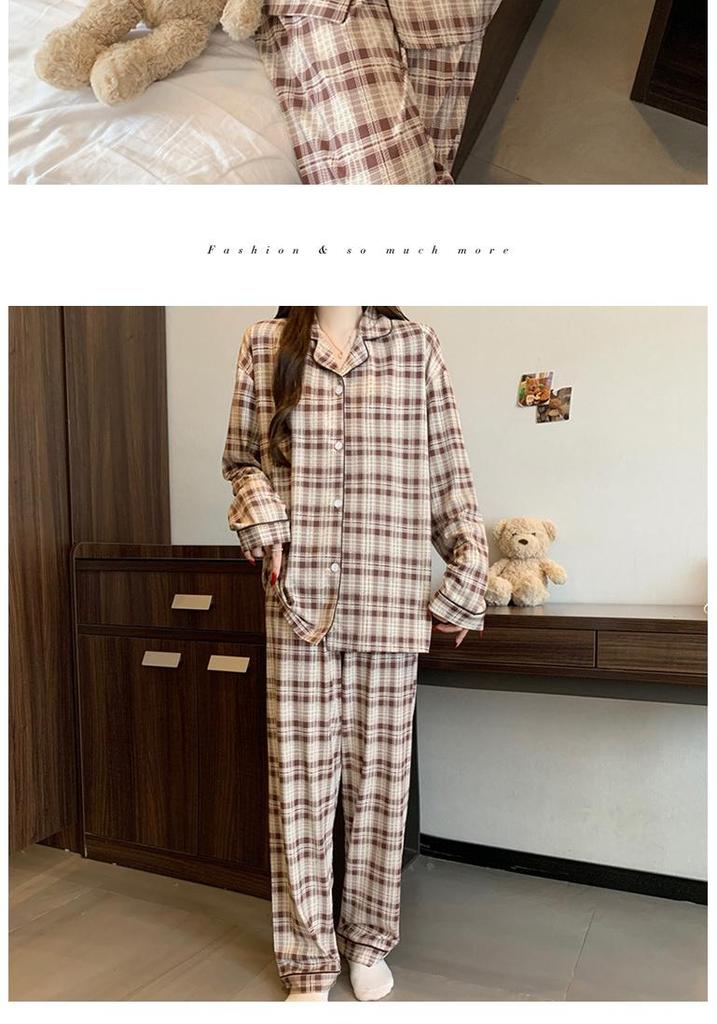 Plaid Long Sleeve Pajama Set with Pants – Spring & Autumn Style, Comfortable Home or Dorm Wear, Suitable for Outdoor Use