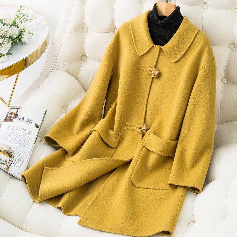 

New Autumn/Winter Double-Faced 100% Wool Coat with Peter Pan Collar - Mid-Length, Loose Fit, Fashionable Temperament Overcoat M (55-63 kg) имбирный/жёлтый