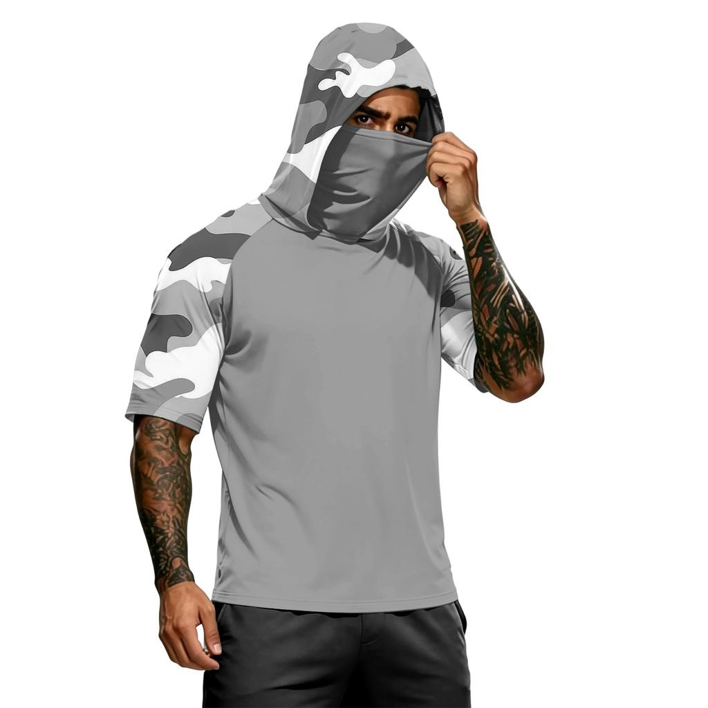 Camiseta con Capucha de Manga Corta para Hombre Casual Estampado de Camuflaje Manga Raglán Pulóver Top Ligero para Deportes al Aire Libre