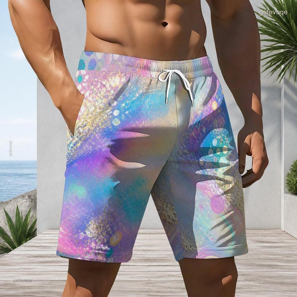 Men Plus Size Colorful Glitter Printed Beach Shorts Drawstring Waist Straight Leg With Side Pockets