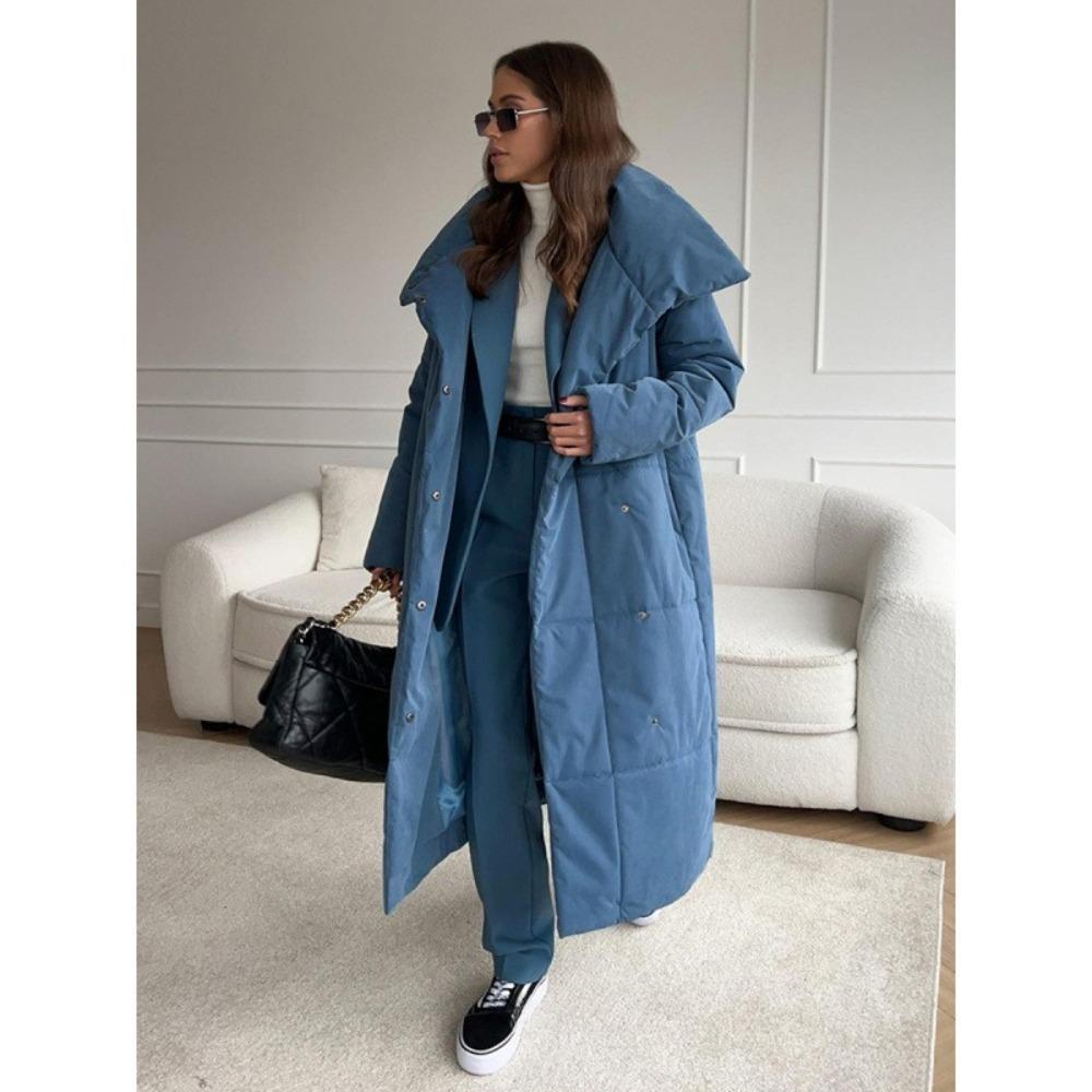 Women Long Wrap Puffer Coat Wide Collar Belted Waist Winter Warm Outerwear