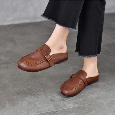 Ciabatte Piatte da Esterno in Vera Pelle Scarpe Slip-on da Donna Retro Punta Tonda Suola Morbida