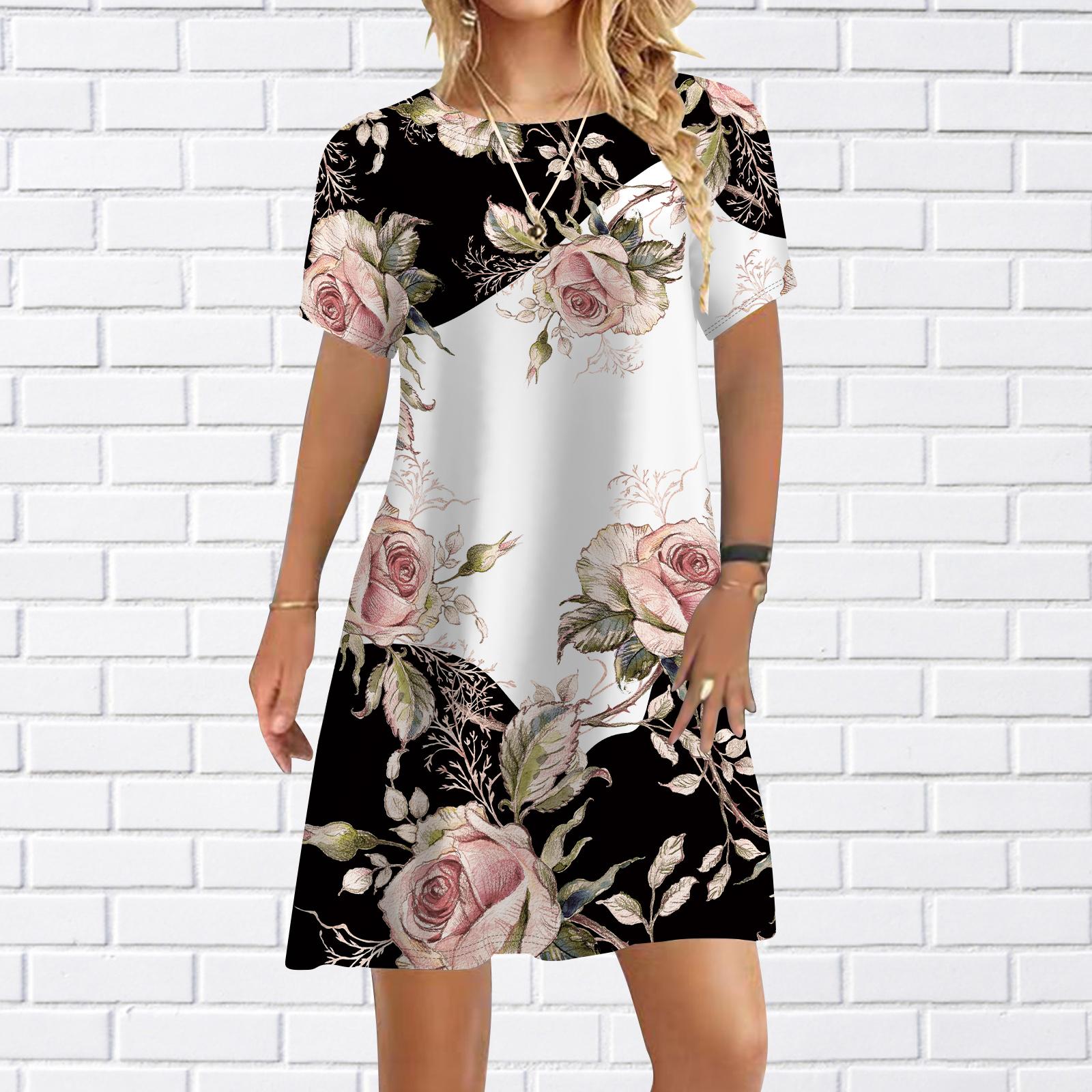 

Женское повседневное платье Летние платья с принтом оранжевых роз для женщин Платье с коротким рукавом и круглым вырезом размера плюс 7XL розовый