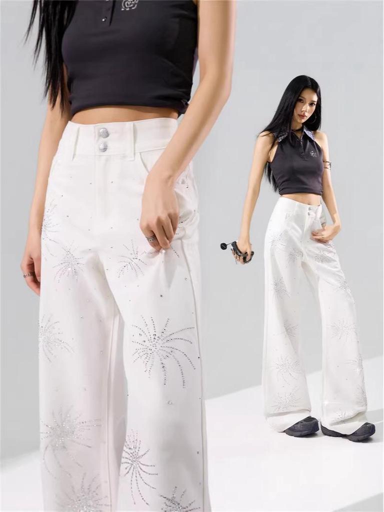 Fireworks Flash Rhinestone Anti-Wrinkle Four-Way Stretch Micro-Flare Casual Pants