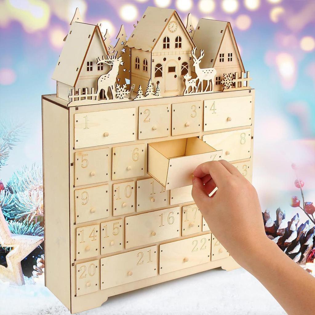 Wooden Advent Calendar with LED Lights 24 Days Countdown to Christmas Light Up Tabletop Decor Creative Holiday Gift for Home