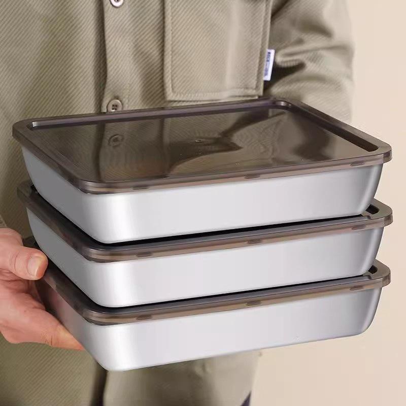 1Pc Stainless Steel Food Tray Containers Kitchen Tool Refrigerator Organizer Cake Fruits Vegetables Meat Storage Box