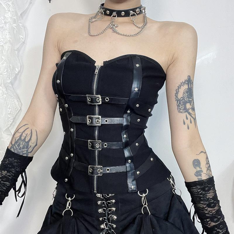 GlowGirl Goth Σκοτεινό Punk Grunge Δερμάτινα Κορσέ Κορμάκια Χωρίς Τιράντες Με Πόρπη Εμπορικό Κέντρο Γοτθικό Φερμουάρ Γυναικεία Σωληνωτά Μπλουζάκια Y2K Coquette Streetwear Εναλλακτικά Μπουστάκια Γιλέκα