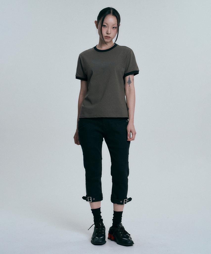 MOO Horse Hotfix Ringer Short Sleeve T-Shirt - Khaki
