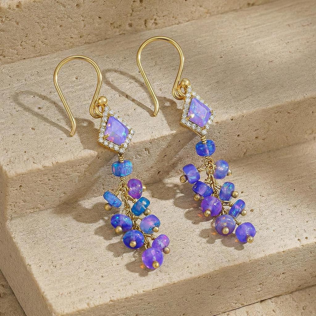 Lavender Multifire Kite Opal Drop and Dangle Earrings, Genuine Fire Lavender Opal Beaded Earrings, October Birthstone Jewelry, Delicate Gift