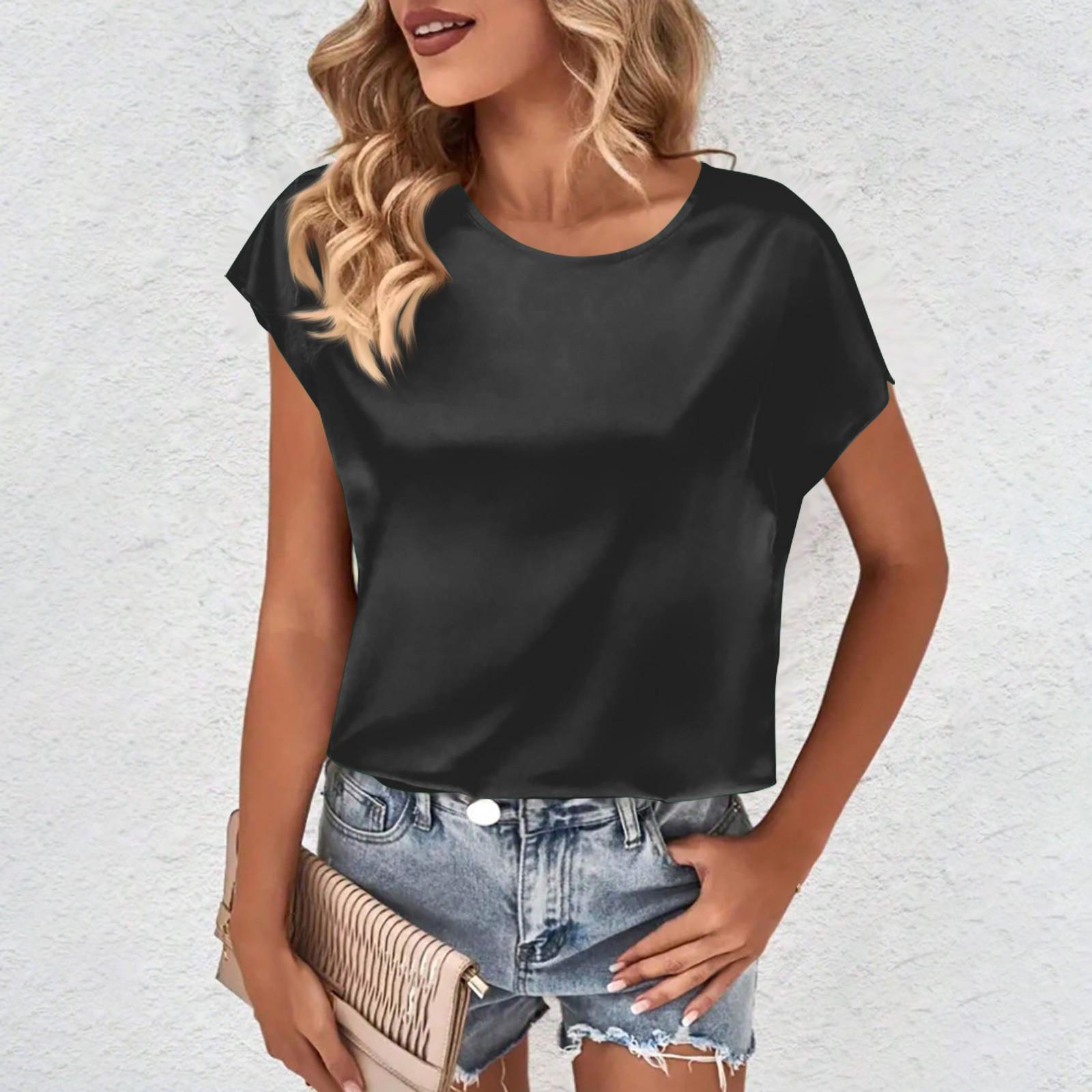 

Женские повседневные топы без рукавов, однотонные атласные универсальные рубашки с круглым вырезом, топы L чёрный
