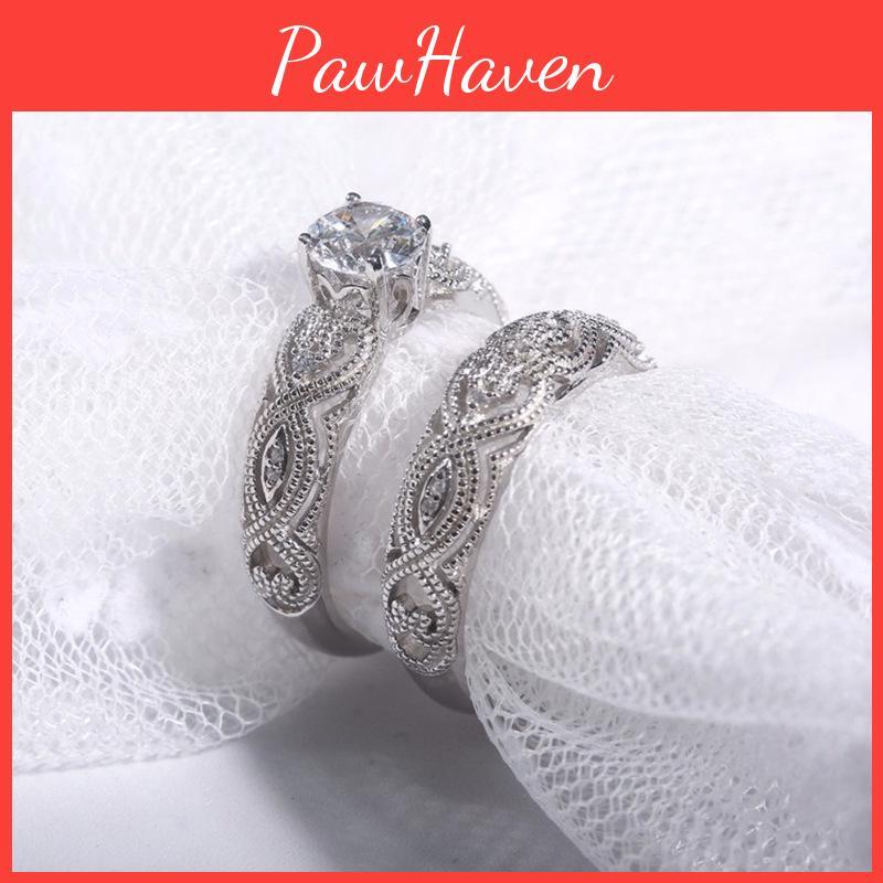 Classic And Chic 2-in-1 Womens White Retro Engagement Wedding Band Bridal Ring Set