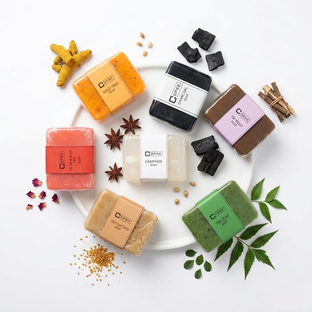 Copse Herbal Soap Combo Pack of 7 | Charcoal, Gold Trio, Petal & Root, Tri Root, Trileaf & Camphor Soaps | Natural Ayurvedic Bathing Bars for Skin