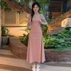 Plus Size French Striped Summer Dress with Waist-Cinching Slimming Design