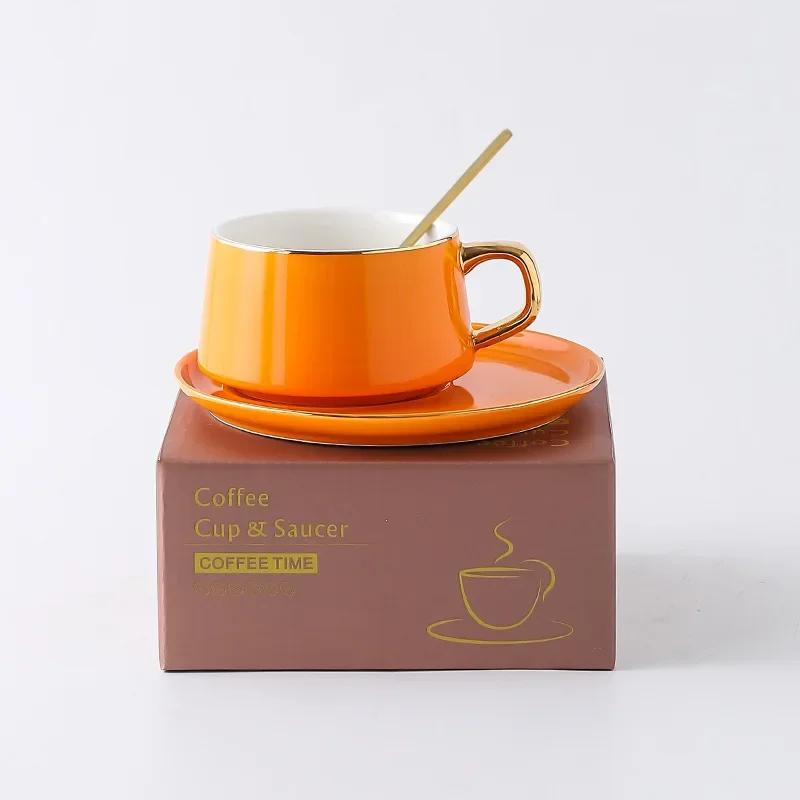 

Семейная кофейная чашка в европейском стиле, керамическая чашка с золотой ложкой, изысканная кофейная чашка, ярко-белая подставка, принадлежности для ресторана 201-300ml оранжевый