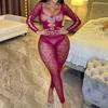 Sexy Lingerie Burgundy Mesh Sexy Hollow One-piece Pajamas Long-sleeved Backless Tights