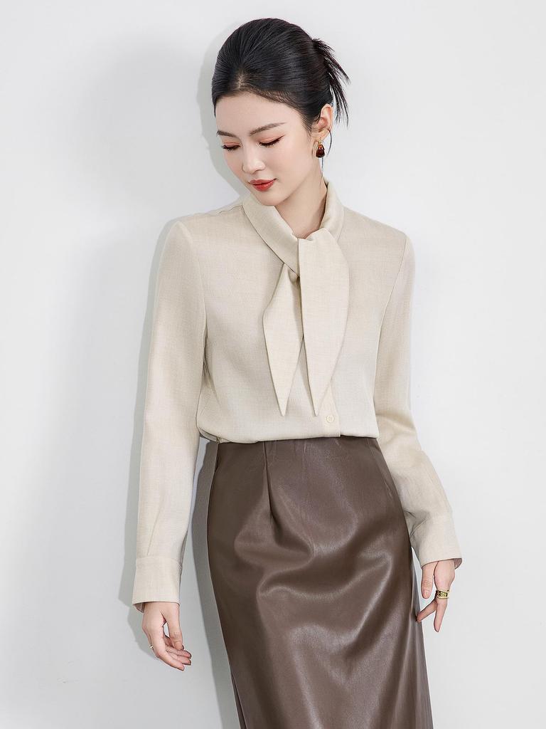 Tencel Wool Rabbit Ear Collar Lace-up Long Sleeve Women's Shirt for Autumn/Winter