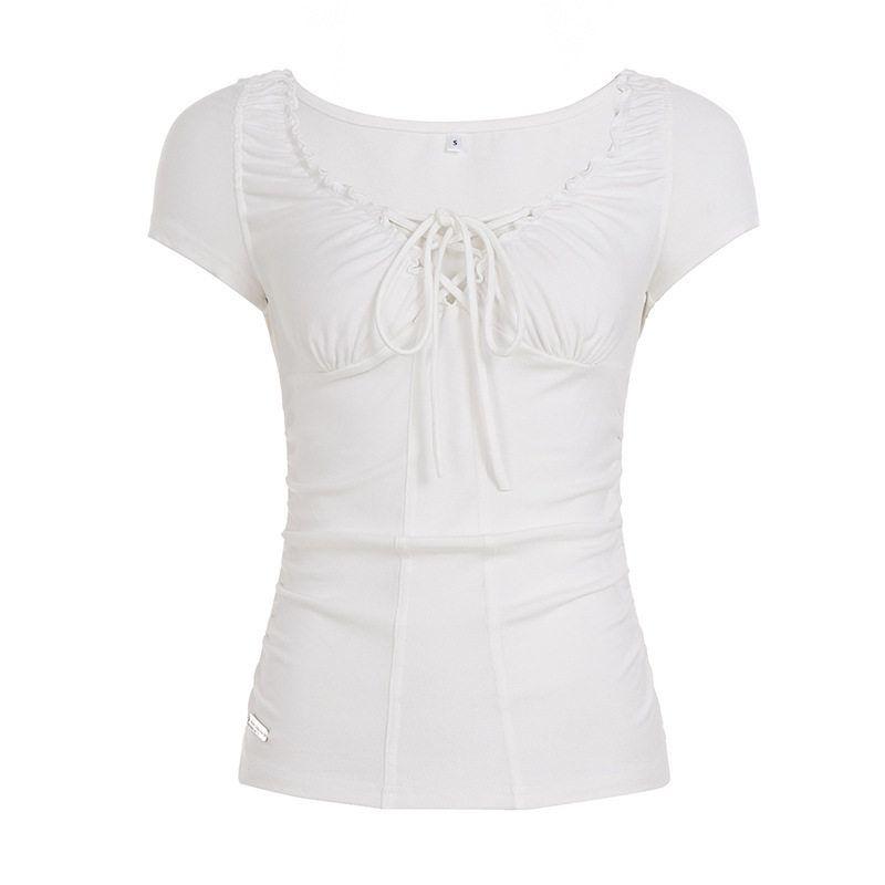 

White Bm-Style Retro Lace-Up Design Ruched Short-Sleeve T-Shirt, New European and American Fashion, Sexy Split Design Top White S