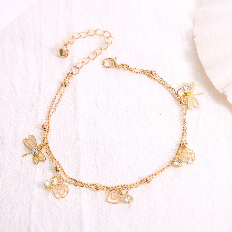 Foot Beach Model, Double-Layer Retro Anklet, Diamond-Encrusted Small Dragonfly Anklet.