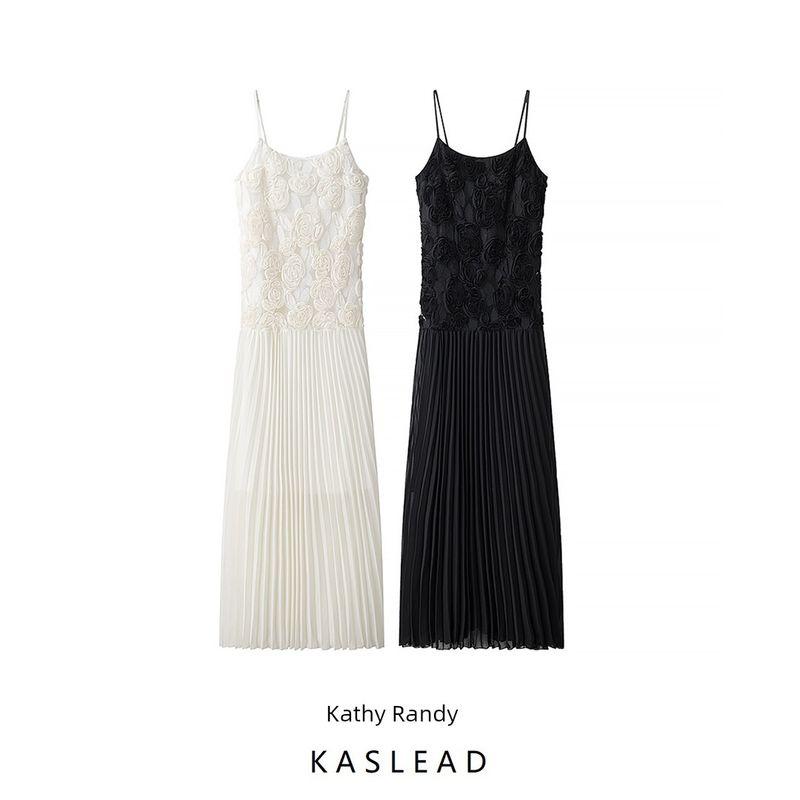 Kaslead New Arrival Women's Fashion Style Fashion Minimalist Three-Dimensional Flower Chiffon Patchwork Suspender Dress