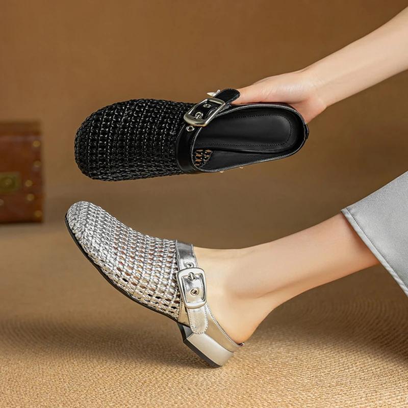 Fashion 2025 New Summer Women Mules Leather Women Shoes Round Toe Chunky Heel Microfiber Weave Sandals Cover Toe Women Slippers
