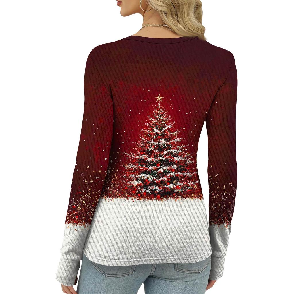 Women's Winter Slim Bottom T-shirt Fashion Casual Gradient Printing Round Neck Pullover Long Sleeve Top