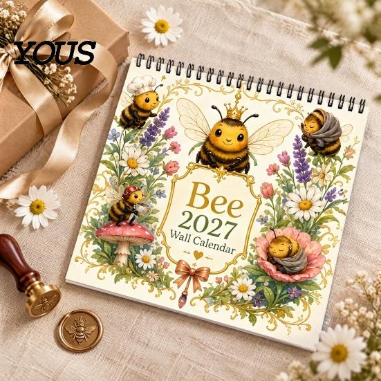 Office Schedule Planning Tool 2027 Bee Themed Desktop Calendar, Spiral Binding And Thickened Cute Illustration Stationery Paper Planner, Decorative