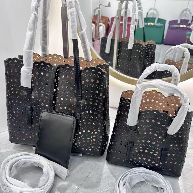 New cowhide leather high-end hollow vegetable basket bucket bag tote bag one shoulder crossbody handbag women