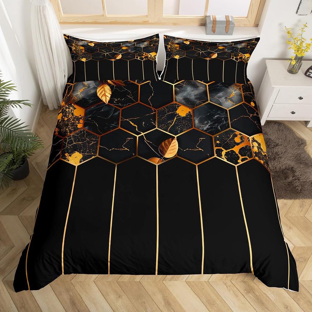 Honeycomb Duvet Cover Set Twin Queen Size, Geometric Hexagon Bedding Set For Boys Men Room Decor, Modern Style Comforter Cover