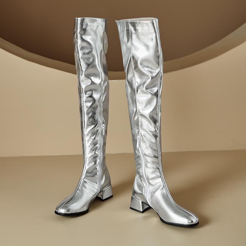 Dámské boty na nízkém podpatku podzimní a zimní nové na silném podpatku ve velkých velikostech zlaté kozačky pod koleno