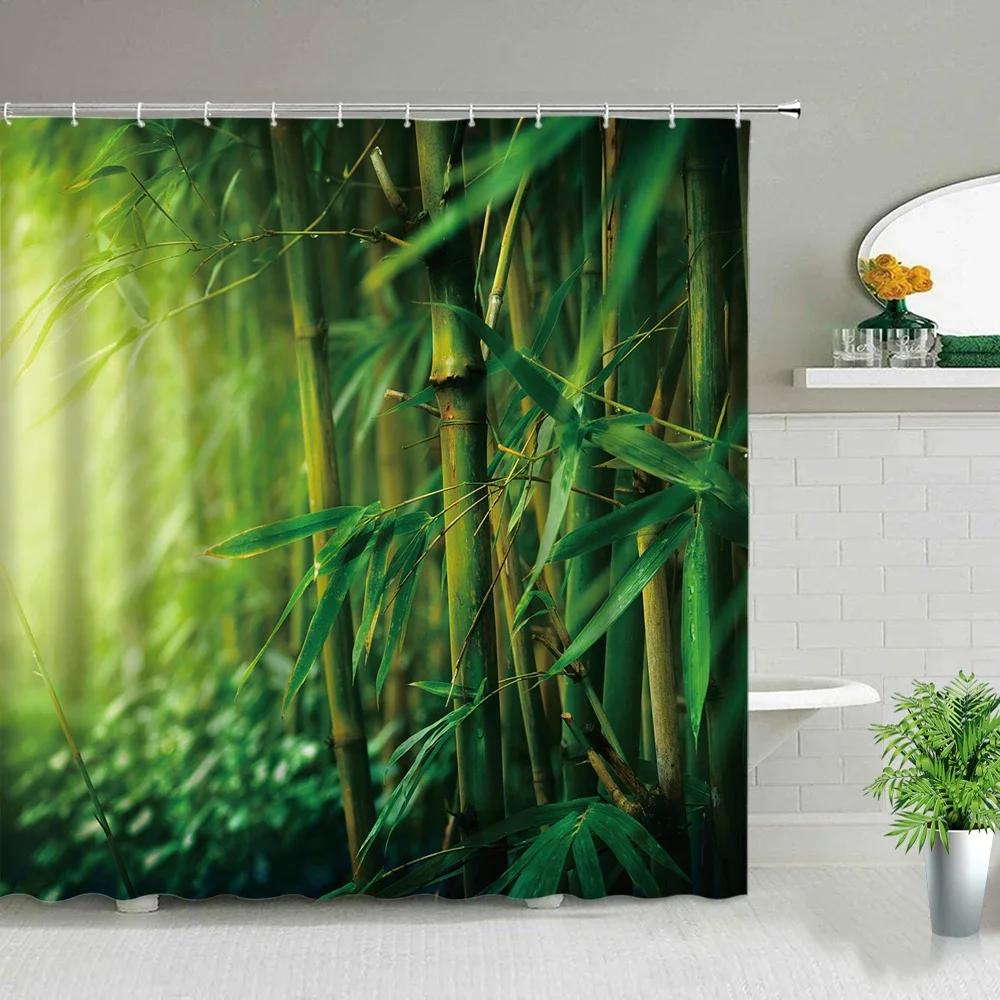 Chinese Style Green Bamboo Series Shower Curtain Set Waterproof Home Bathroom Decor Curtains With Hook Popular Bath Accessories