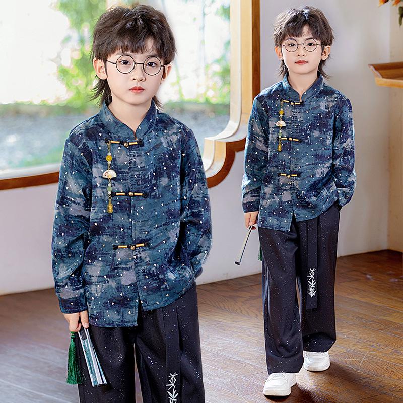 Boys' Traditional Hanfu Set: Stylish Outfit for Spring/Autumn, Perfect for Performances, Recitations, and First Birthdays.