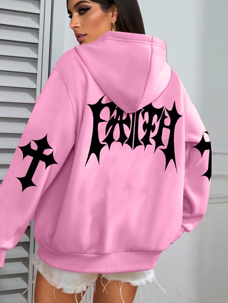 Kreatives Glaubenskunst Briefdruck Kapuzenpullover Damen Hip Hop Herbst Kapuzenpullover Tasche Fleece Kleidung Y2K All-Match Lässiger Damen Kapuzenpullover