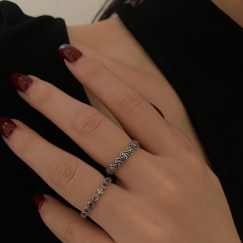 Pure Stunning S925 Silver Colorful Zirconia Retro Floral Ring With Adjustable Size For Women
