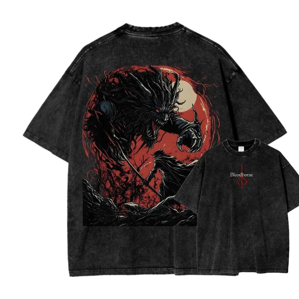 Nuova Top Moda Gioco di Ruolo d'Azione Periferiche Blood Borne T-shirt Stampata Vintage Lavata Uomo Donna Cotone Ampia Oversize Tee