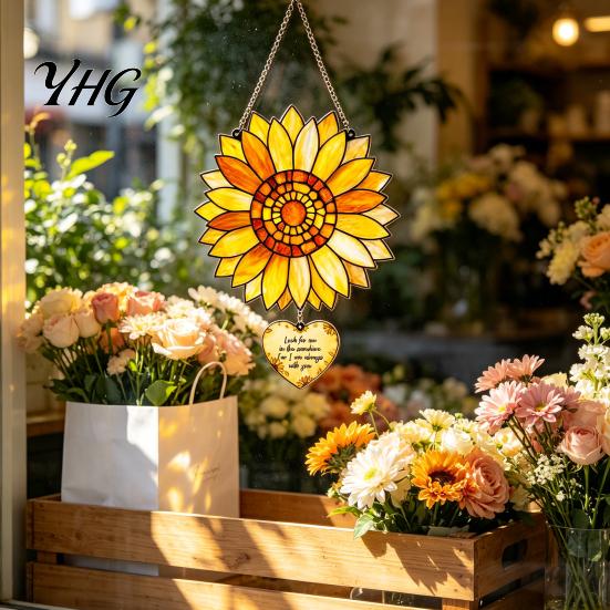 Sunflower Suncatcher for Window Stained Glass Style Pendant, Floral Wall Hanging Art with Metal Artistic Ornament Chain, Acrylic Home Garden