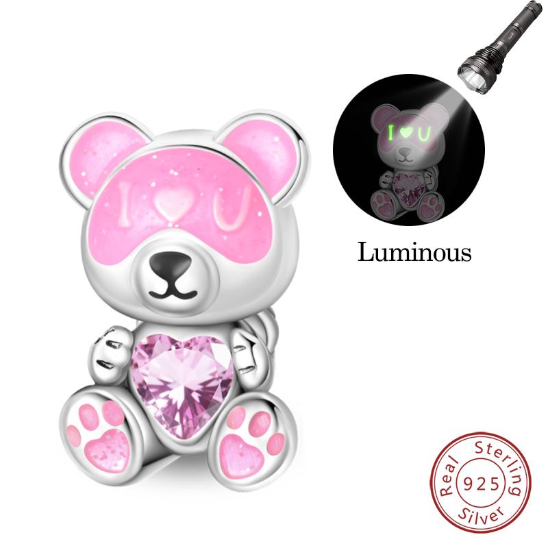 Copper Pink Love Series Charm Love Cube Little Bear Luminous Pendant Fit Original Bracelet Romantic Wedding Jewelry