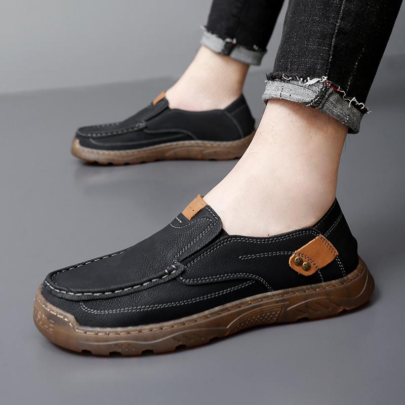 Fashion Large Size Spring And Autumn New Style Casual Shoes For Mens Large Size Beans Shoes Hand Sewn Leather Shoes Casual Flat Bottom