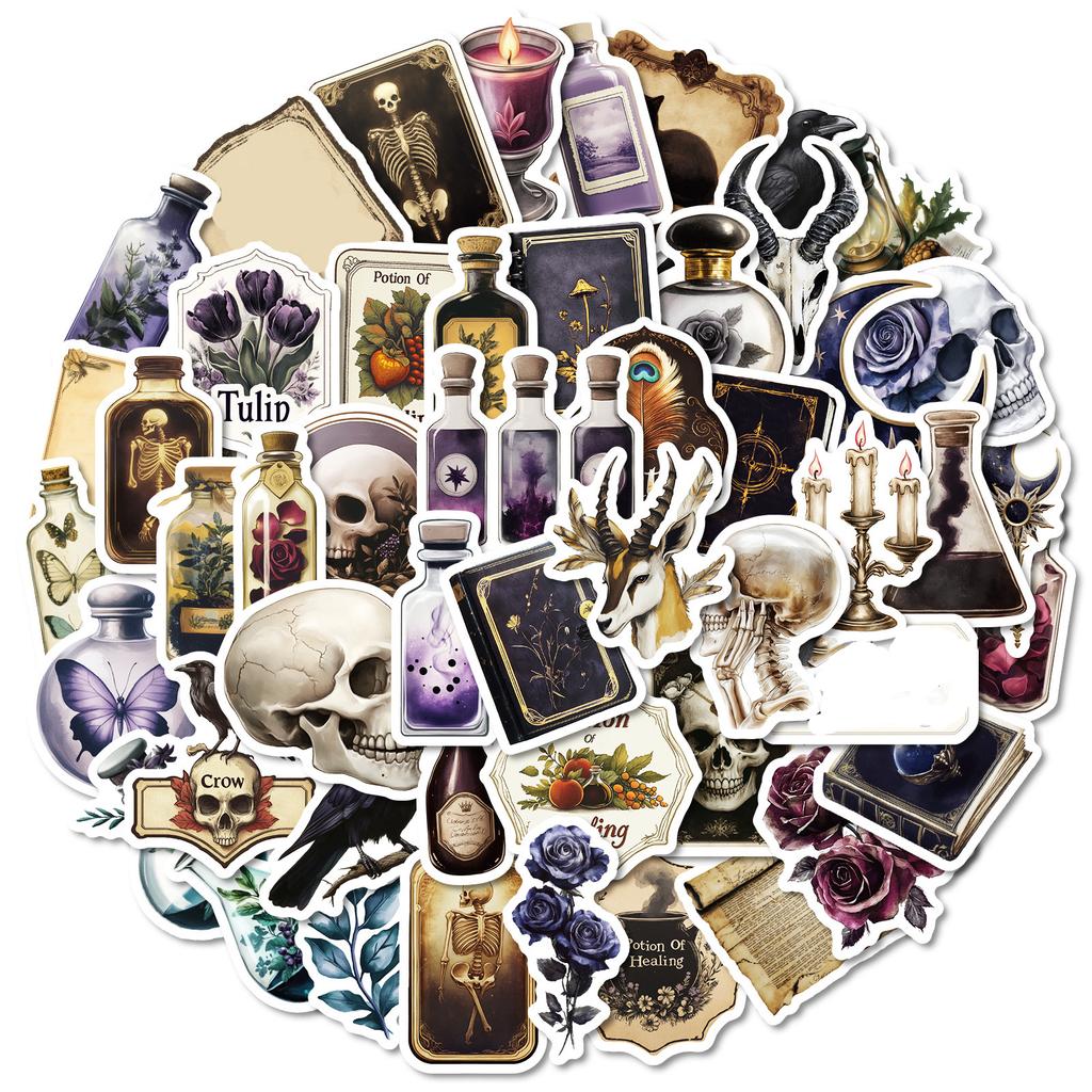 50 Pcs Dark Aesthetics Decorative Stickers  Oil Lamp Crow Non Repeating Waterproof Stickers