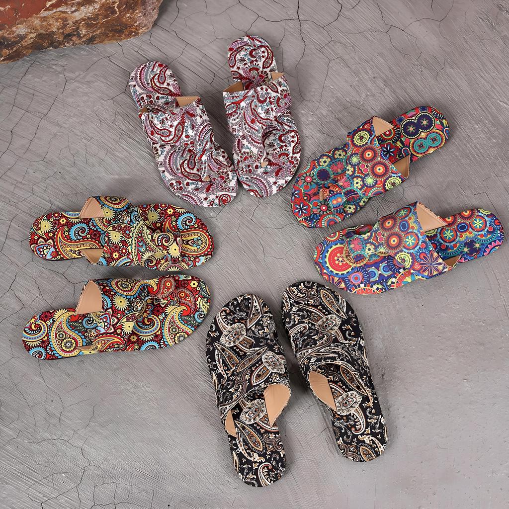 Women's Bohemian Flat Sandals, Colorful Patterned Summer Fashion Slip-On Slides, Casual Open Toe Beach Footwear