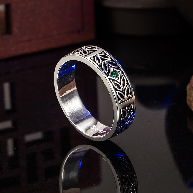 2026 Inlaid Emerald Ring Thai Silver Ring Men's Ring European and American Retro Emerald Men's and Women's Rings