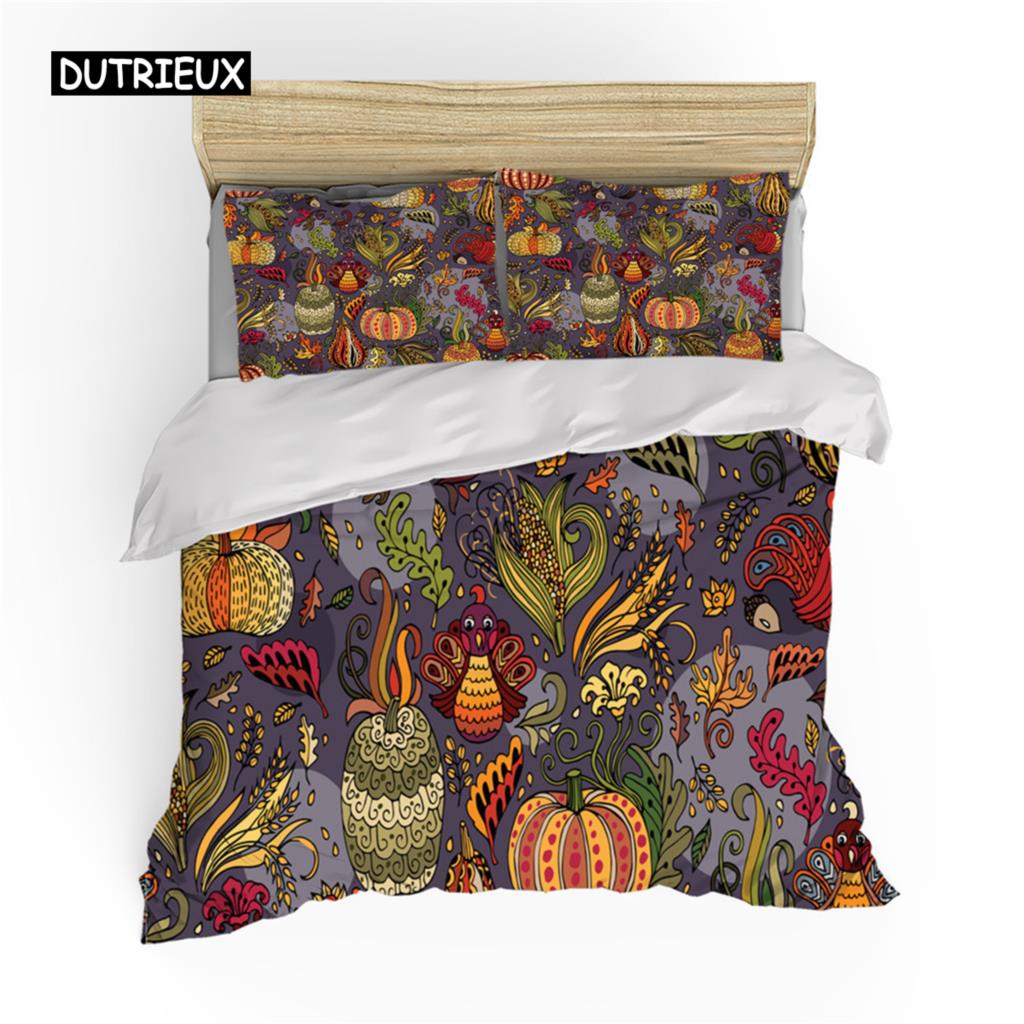 Autumn Thanksgiving Day Duvet Cover King Queen Cartoon Orange Pumpkin Turkey Bedding Set Maple Leaves Soft Polyester Quilt Cover