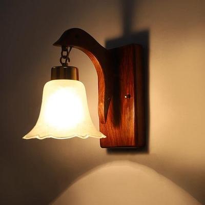 Handmade Sheesham Wood Wall Light Lamp E27 Bulb Holder(Bulb Not Included Stylish Fish Design White Floral Glass Diwali Decor |